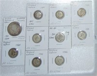 10 Great Britain Coins: 6 Pence, Florin, .925, .50