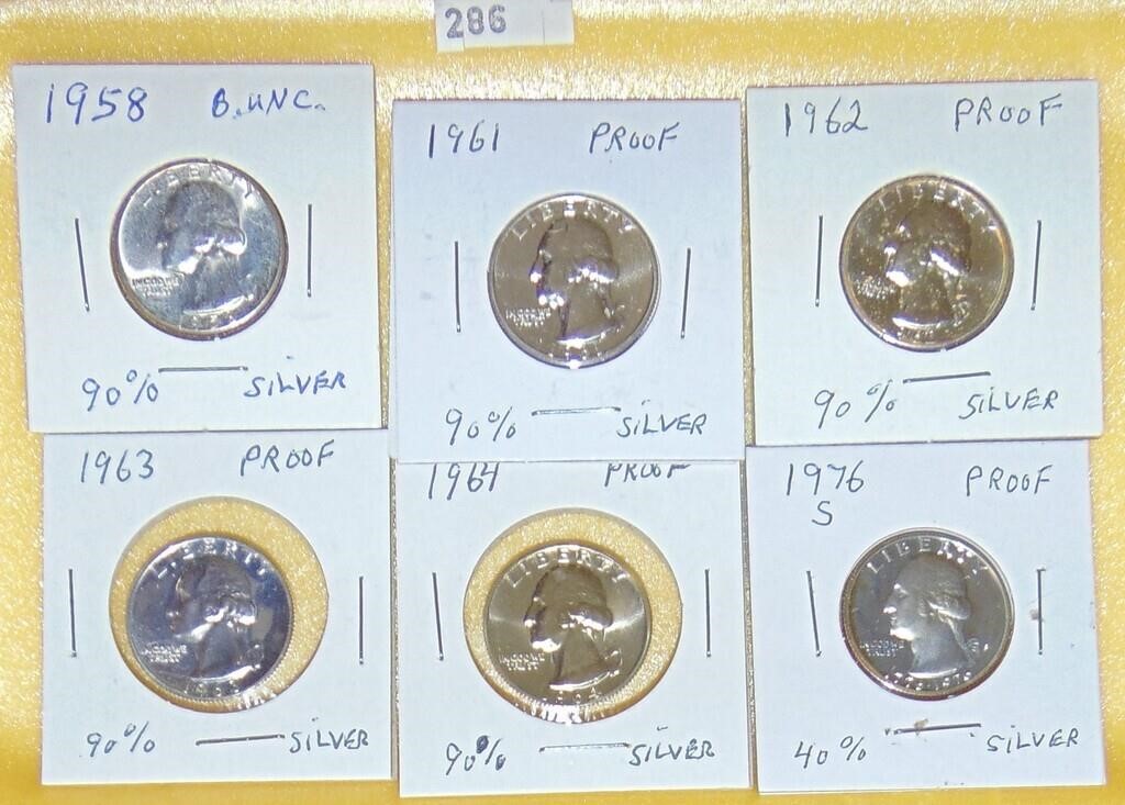 6 Silver Washington Quarters 1958 BU, 1961, 62, 63