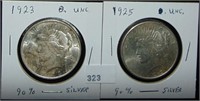 1923, 1925 Peace Dollars UNC, UNC.