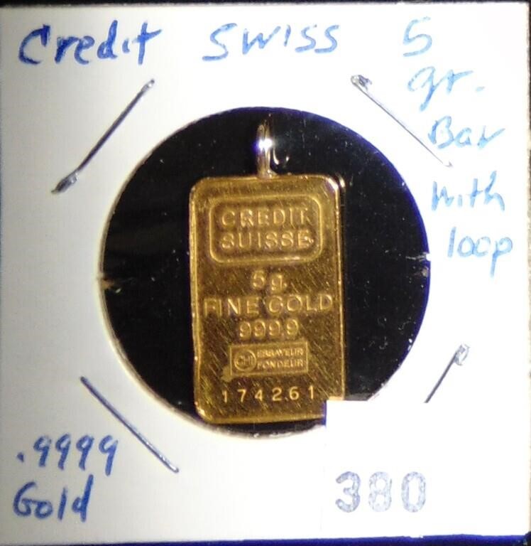 Credit Swiss 5 gram Bar with 14k Loop .9999 Gold.
