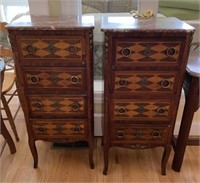 PAIR INLAID FRENCH MARBLE TOP CHESTS