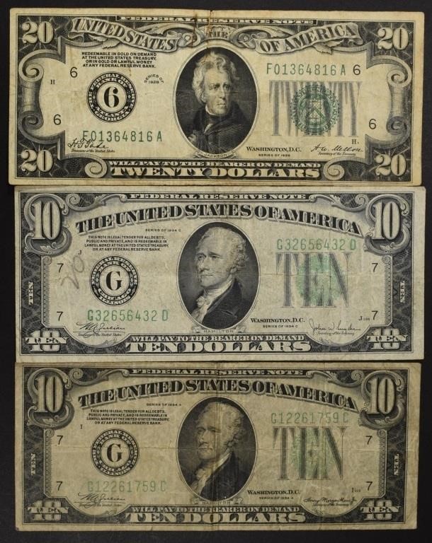 1928 $20 REDEEMABLE IN GOLD FRN & (2) 1934 $10