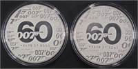(2) 1 OZ .999 SILVER YEARS OF BOND ROUNDS