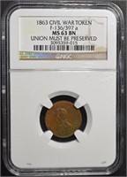 1863 CWT UNION MUST BE PRESERVED NGC MS-63 BN