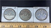 1954 & Two 1955 Canada Silver One Dollar Coins