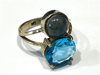 CLOUDY AGATE AND TEAL QUARTZ DOUBLE STERLING RING