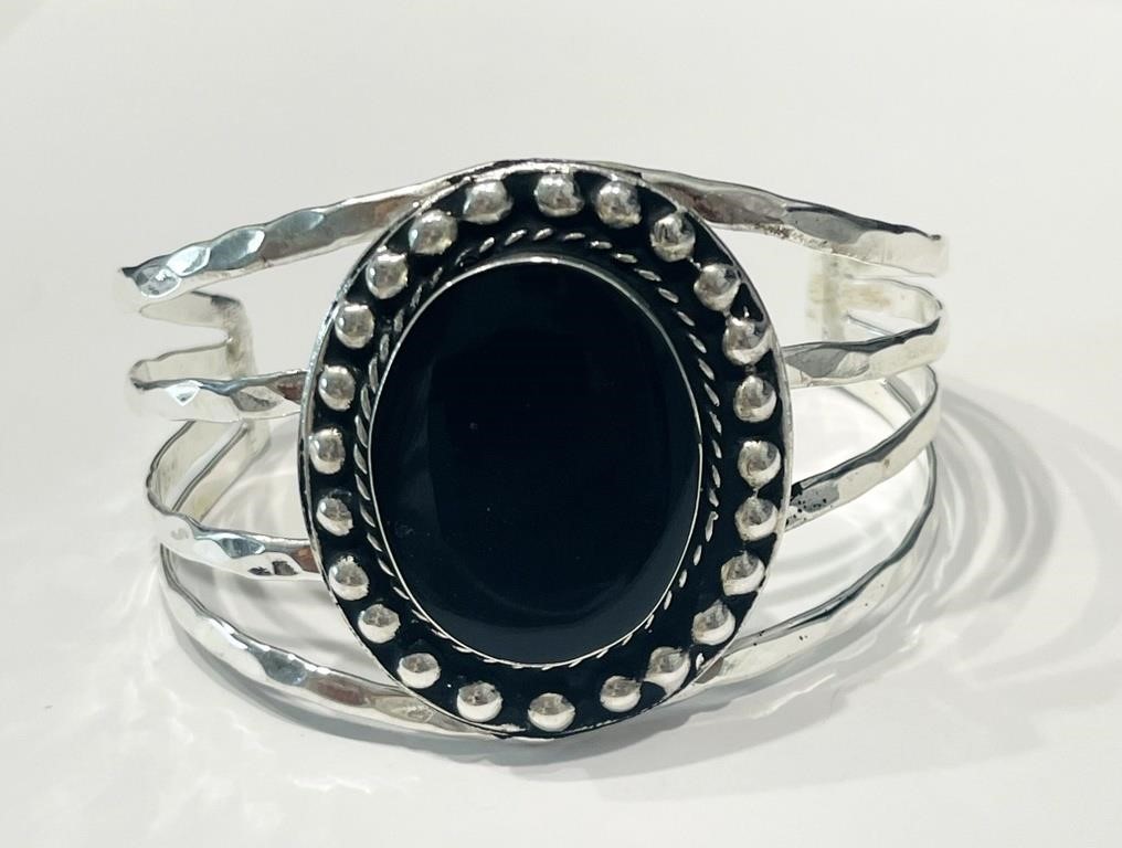 PRETTY POLISHED ONYX ACCENT STERLING CUFF BRACELET