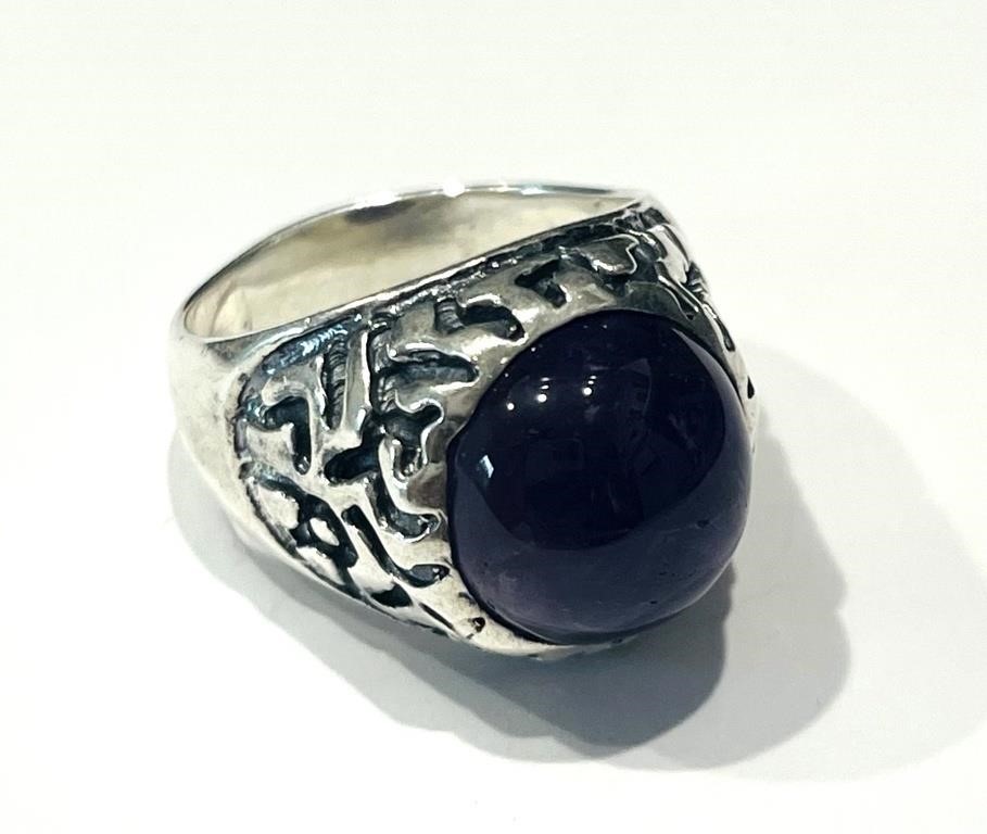 STERLING ROUND AMETHYST AGATE GEMSTONE MEN'S RING