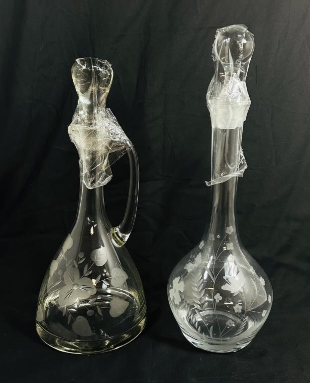 VINTAGE LOT OF 2 ETCHED GLASS DECANTERS