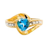 Blue Topaz & Diamond Heart Band Ring 10k Gold