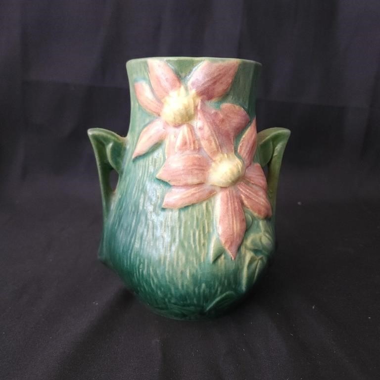 Roseville Vase Green & Pink Clematis 103-6 1940s