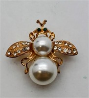 Gold Tone Bee Brooch with faux pearls and rhinests