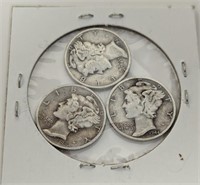 Lot of 3 1941, 42, 44  Mercury Dimes 90% Silver