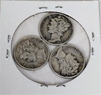 Lot of 3 1944, 45 Mercury Dimes 90% Silver