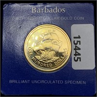 1975 Barbados .0998oz Gold $100 GEM PROOF