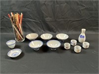 chop sticks, soup bowls, sake glasses