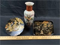 Lacquer plate and platter, satsuma vase