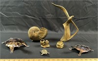 Brass Bird, toothpick holder, heavy nautilus, etc