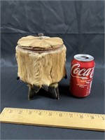 Vintage deer hide and hoof covered tin can