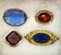 4 Antique Brooches Blue Purple Amber-Color Glass