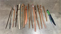 LARGE QTY OF TIMBER PRACTICE SWORDS AND WALKING