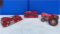 3X TIN TOYS INCLUDES BUS, TRACTOR AND FIRE TRUCK