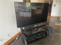 SAMSUNG 65IN TV, SPEAKERS, AND TV STAND