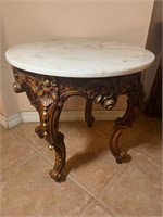 ORNATE WOOD END TABLE - WHITE MARBLE ROUND TOP