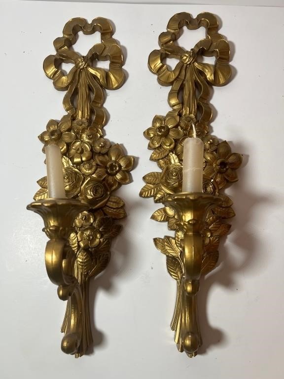 PAIR - ORNATE WOOD WALL SCONCE CANDLE HOLDERS -