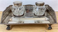 Double Glass silver inkwell tray with feet,