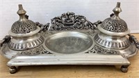 Double inkwell in polished pewter, has original