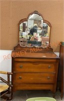 Vintage two drawer, dresser with mirror on casters