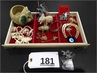 Flat Collection of Elephant Jewelry, Figurines, Et