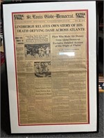 Framed 1927 Charles Lindbergh newspaper