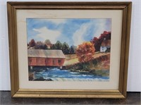 Watercolor of Old Covered Bridge by V. Hewlett