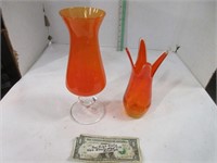 2 vintage orange glass vases