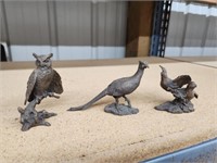3 Avon bronze bird figurines - owl, pheasant,