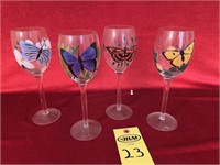 4 Hand Painted Butterfly Wine Glasses