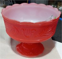 Vintage Red/White Milk Glass Pedestal Bowl 5 1/4"T