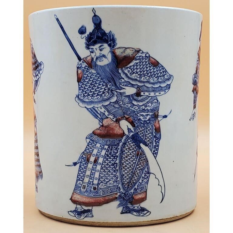 Chinese Blue & White Planter with Warrior