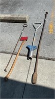 (4) tool Lot: digging iron, axe,bulb planter
