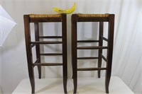 Pair of Wooden Stools With Caned Seat