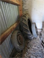 3 TIRES - 1 TRACTOR TIRE 11.2-28, 2 CAR TIRES ON