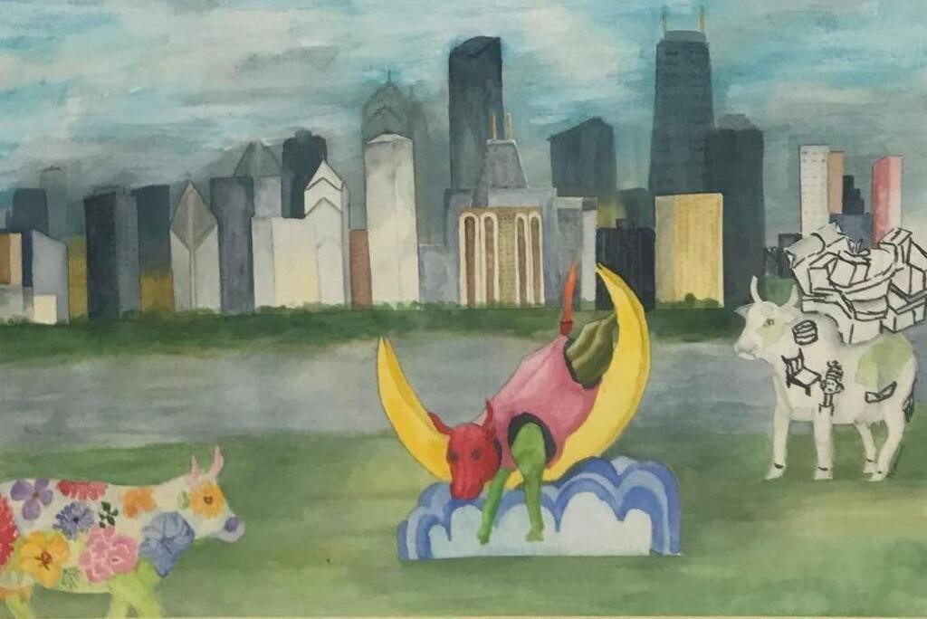 Skyline with Cow Sculptures
