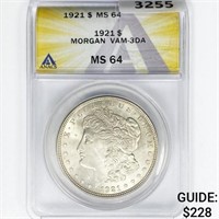 1921 Morgan Silver Dollar ANACS MS64 VAM-3DA