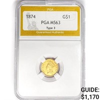1874 Rare Gold Dollar PGA MS63 Type 3