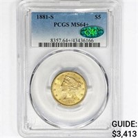1881-S CAC $5 Gold Half Eagle PCGS MS64+