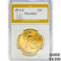 1913-D $20 Gold Double Eagle PGA MS63