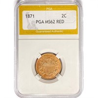 1871 Two Cent Piece PGA MS62 RED