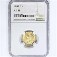 1854 $3 Gold Piece NGC AU58